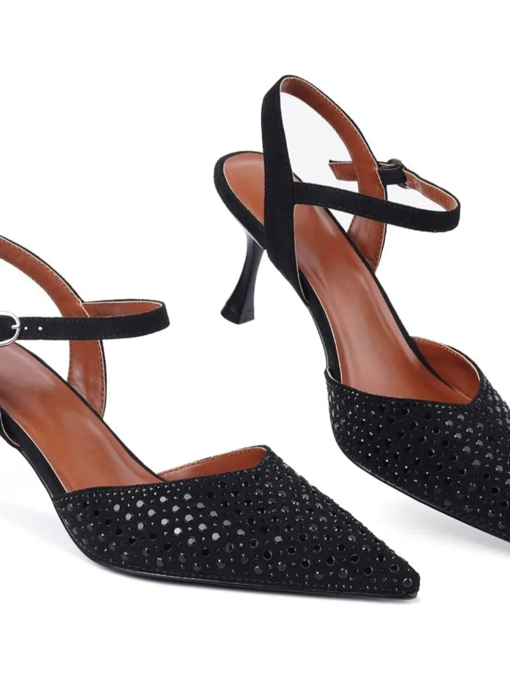 Women's Black_rhinestone Slingback Kitten Pointed Closed Pumps Low Heels Shoes